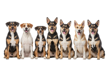 A group of seven dogs sitting in a row with various coat colors and happy expressions on their faces