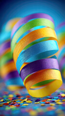 Vibrant Close-up of Spiraling Rainbow Party Streamer with Scattered Confetti on a Blue Background