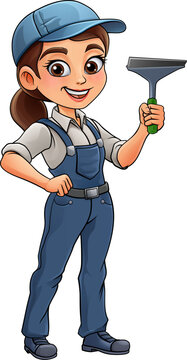 A woman female window cleaner or car wash worker holding a squeegee cleaning tool.