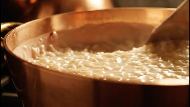 Cooking risotto in a copper pot stirring with a wooden spoon