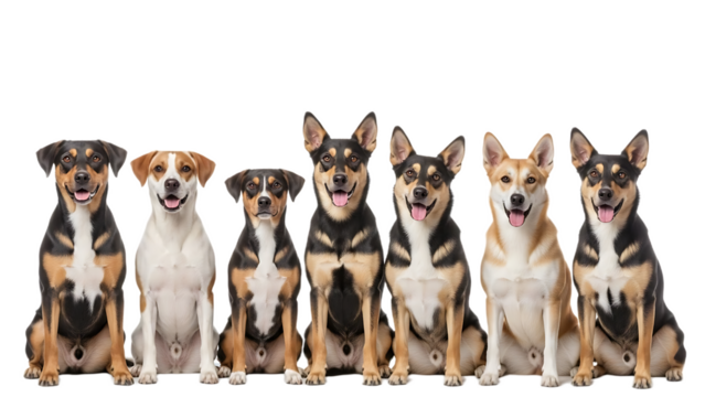 A group of seven dogs sitting in a row with various coat colors and happy expressions on their faces