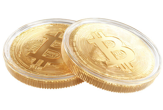 Two golden coins representing bitcoin cryptocurrency on transparent background financial technology