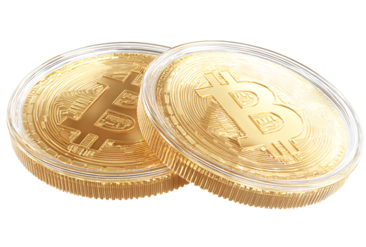 Two golden coins representing bitcoin cryptocurrency on transparent background financial technology