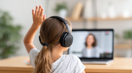 Young girl wearing headphones is participating in an online class, raising her hand to ask a question, with a laptop displaying a teacher in the background, showcasing virtual learning engagement