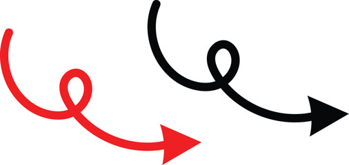 Long curved hand drawn arrow, marker drawn arrow. Red and black Long curve arrow iconElegant arrows set for business plan, presentation and education
