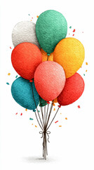 Textured Illustration of a Bunch of Colorful Balloons with Confetti on a White Background
