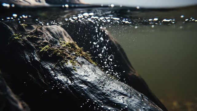 Moody high contrast view of dark wet driftwood submerged partially underwater with tiny air bubbles gently rising to the surface in slow motion slow motion, sustainability, cinematic
