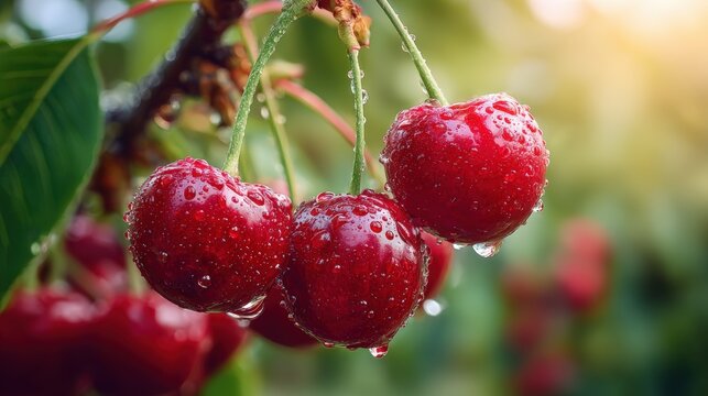 Fresh red cherries with water droplets glistening in sunlight, hanging from a branch surrounded by lush green leaves, showcasing the beauty of nature's bounty