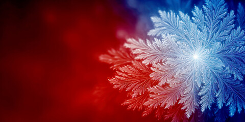 Abstract Fractal Snowflake with Glowing White and Blue on a Deep Red Background