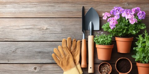 Gardening tools including gloves, trowel, and spade are arranged beside potted plants with vibrant flowers and herbs on a rustic wooden surface, showcasing gardening essentials