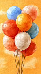 Watercolor Painting of Rustic Colored Balloons Floating on a Textured Orange Background