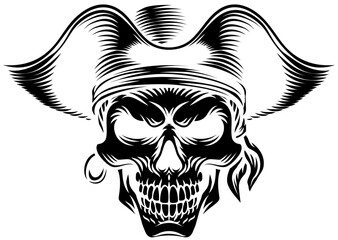 A pirate skull in a captain hat skeleton vintage woodcut style design