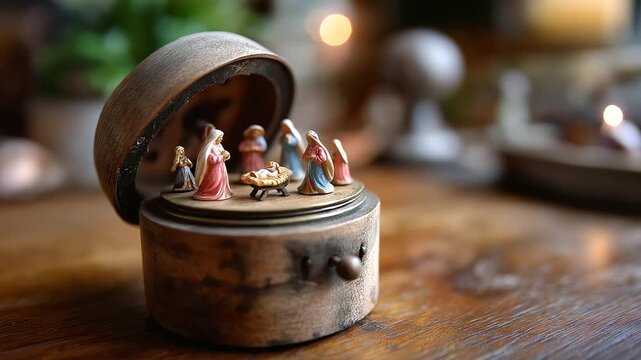 Antique music box nativity, tiny tin figures revolving, soft lullaby notes, worn wood finish, intimate reverence, with copy space