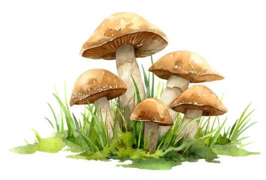 Wild forest mushrooms in grass watercolor illustration on transparent background for eco and botanical designs