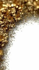 Luxurious Corner Border of Gold Glitter Flower Confetti and Beads on a Clean White Background