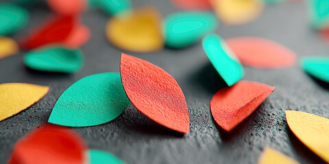 Close-up of Textured Red, Teal, and Yellow Leaf-shaped Confetti Scattered on a Dark Surface