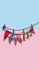 Illustrated Bunting Banner with Colorful Triangle Flags Hanging on a Rope with Clothespins on a Pink and Blue Gradient Wall