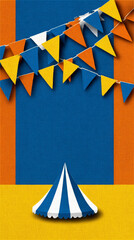 Circus or Carnival Themed Background with Bunting Flags and Tent on Textured Blue, Orange, and Yellow