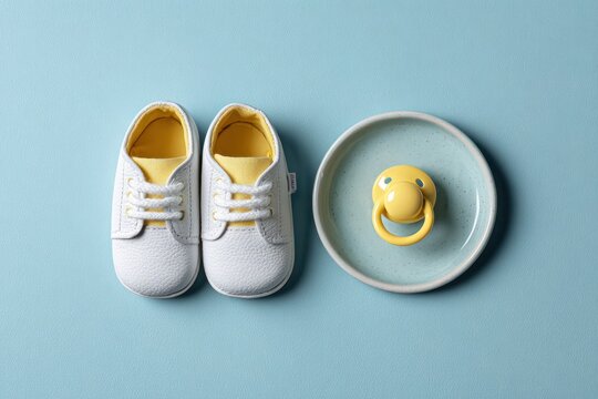 Newborn Essentials with Baby Shoes and Pacifier on Blue Background