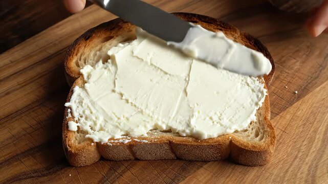 Overhead view of a smooth silver knife expertly spreading creamy white cheese onto a golden brown slice of toasted artisan bread ready for fruit toppings clean background, golden brown slice
