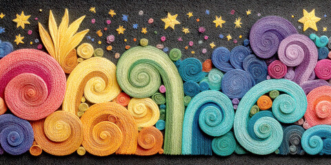 Colorful Thread Art Pattern with Spirals, Stars, and Swirls on a Dark Textured Background