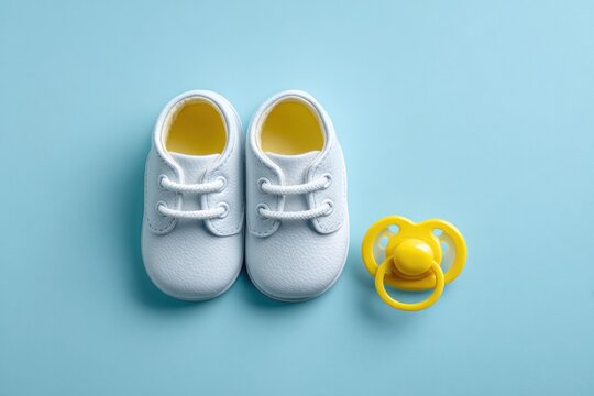 Newborn Essentials with Baby Shoes and Pacifier on Blue Background