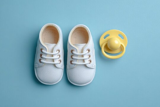 Newborn Essentials with Baby Shoes and Pacifier on Blue Background