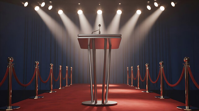 Red carpet event podium with velvet ropes and spotlights stanchions microphone