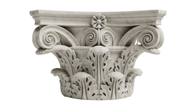 an exquisite marble capital from a classical Roman column, isolated on a transparent background. Ideal for architecture, heritage, ancient art, historical design, and structural elements.