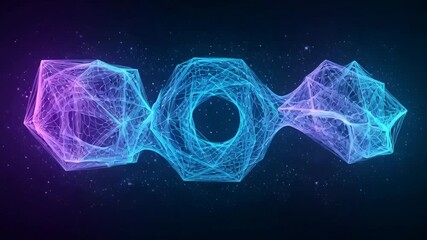 Dynamic abstract geometric shapes flowing in a seamless loop, a mesmerizing animation with glowing blue and purple hues against a dark cosmic background, ideal for motion graphics and tech visuals - Powered by Adobe
