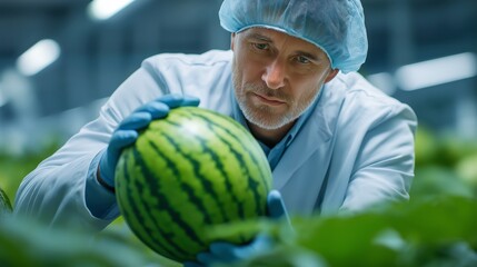 A man in a lab coat is holding a watermelon