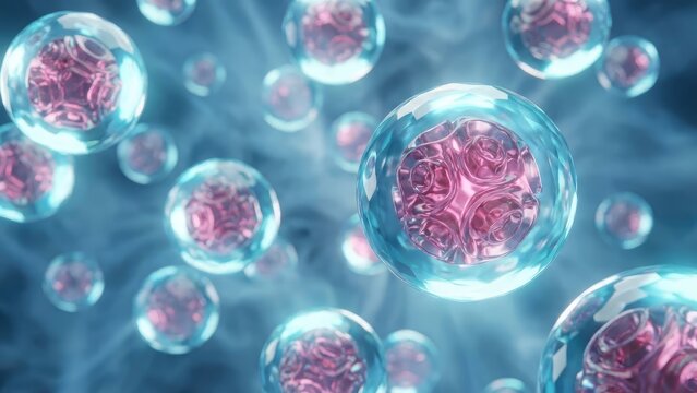 A microscopic view of cells with pink interiors floating in a blue liquid with a soft light glow