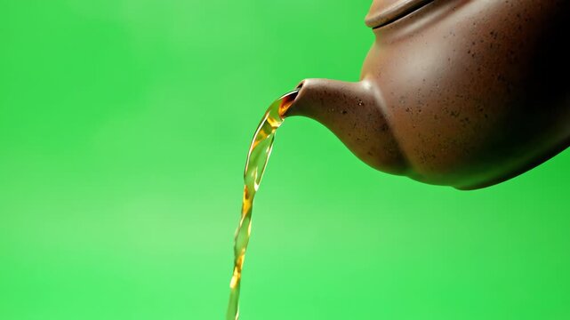 Rustic matte brown ceramic teapot pouring a controlled stream of light golden herbal infusion liquid onto a bright keyable green screen background for easy visual effects compositing concept