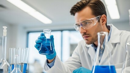 Scientist examining blue liquid in a beaker in a laboratory.