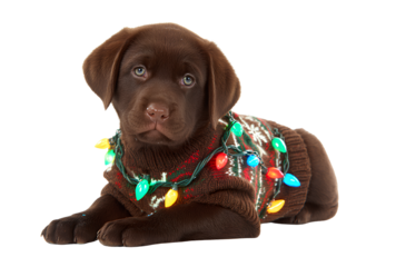 Chocolate labrador puppy dressed in a festive knit sweater illuminated by colorful decorative lights against transparency
