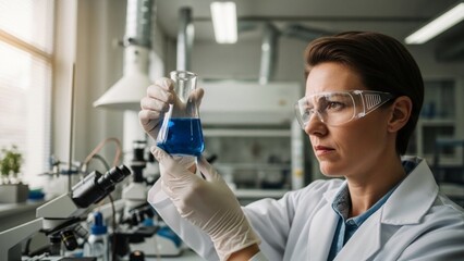 Scientist in lab coat holding a flask with blue liquid in a laboratory.