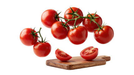 Fresh red tomatoes floating over wooden cutting board