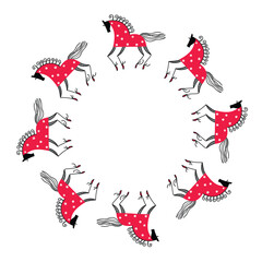 Red horses galloping in a circle. Wreath. Decorative frame.
