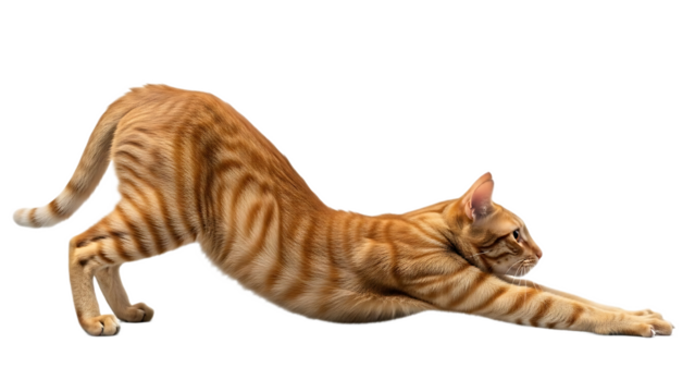 An orange tabby cat stretching its body with its front paws extended in front of it against black