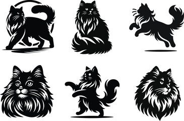 Beautiful Siberian cat silhouette set showcasing graceful long haired feline shapes for design use .