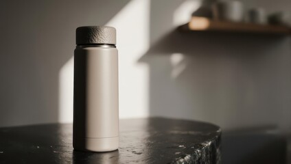 Fototapeta premium Sleek, metallic water bottle sits on a dark table, sunlit with a soft, blurred background