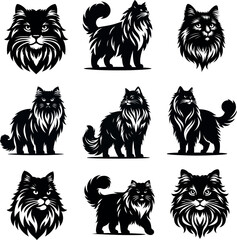 Expressive Siberian cat silhouette set perfect for pet themed prints and digital artwork .