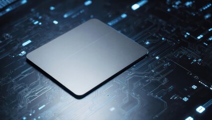 Close-up of a sleek, metallic square component on a glowing, patterned circuit board