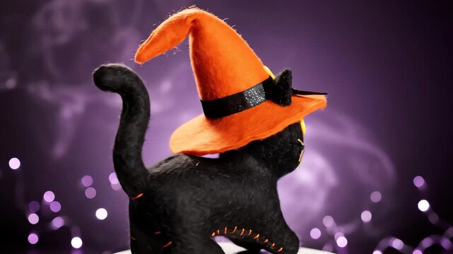 Seamless loop of a stylized felt black cat wearing a witch's hat spinning gently against a subtle dark purple abstract background perfect for seasonal title cards cozy, halloween background