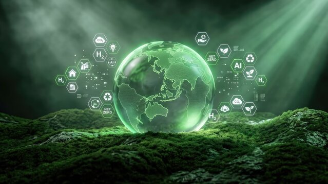 Glowing earth globe surrounded by net zero and hydrogen energy icons on a mossy green surface