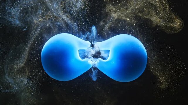 Seamless loop of a vibrant blue spherical organism pulsating and replicating within a deep dark liquid medium filled with shimmering dust particles deep blue, microbiology, glowing