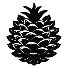 A solitary stylized pine cone with layered scales displayed in a bold black silhouette
