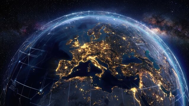 Earth view from space with city lights and network connections over europe and africa at night time