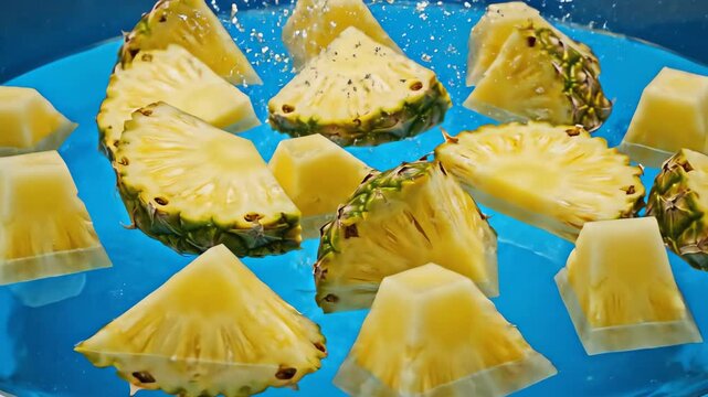 Seamless loop of geometrically sliced pineapple pieces rotating and moving rhythmically inside clean blue liquid perfect for an animated background or graphic element submerged, organic, infinite