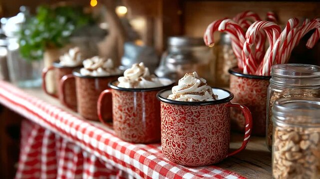 Retro kitchen cocoa bar, enamel mugs, peppermint sticks, whipped cream swirls, checkered curtains, warm tungsten glow, with copy space